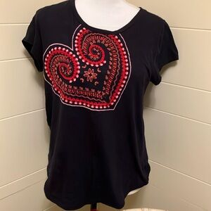 Loft asymmetrical embroidered heart tee, 100% cotton knit navy blue